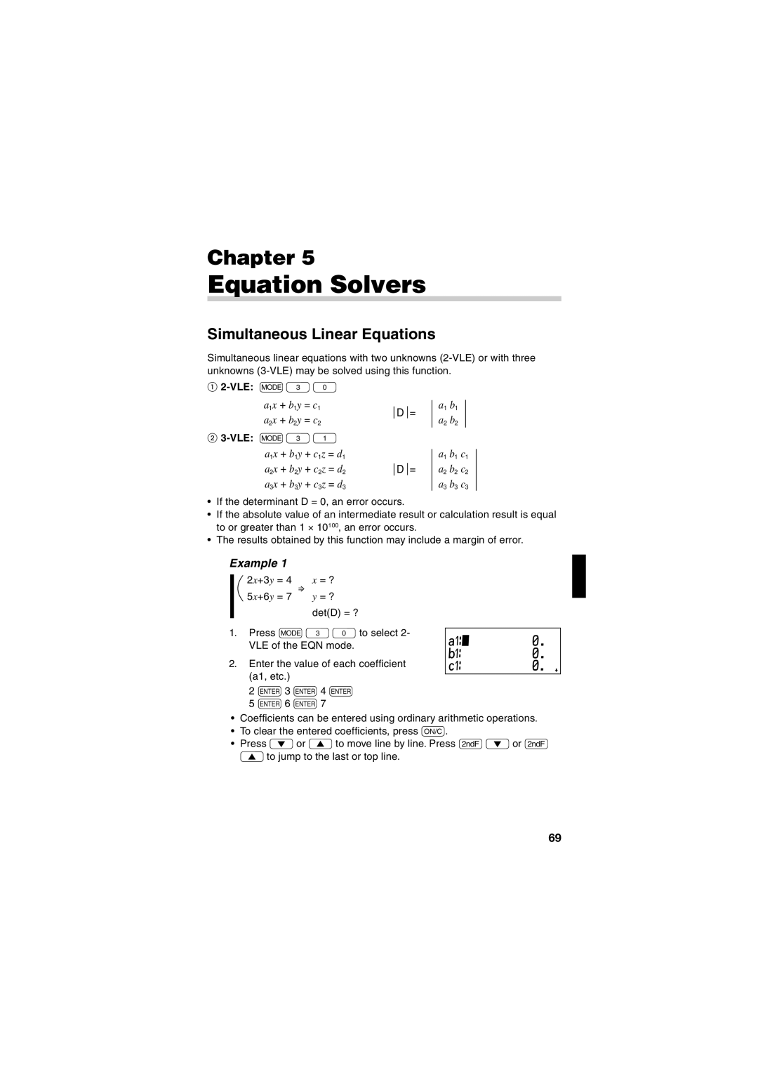 Sharp EL-5230 Equation Solvers, Simultaneous Linear Equations, a1x + b1y = c1 a2x + b2y = c2, D = D =, Chapter, Example 
