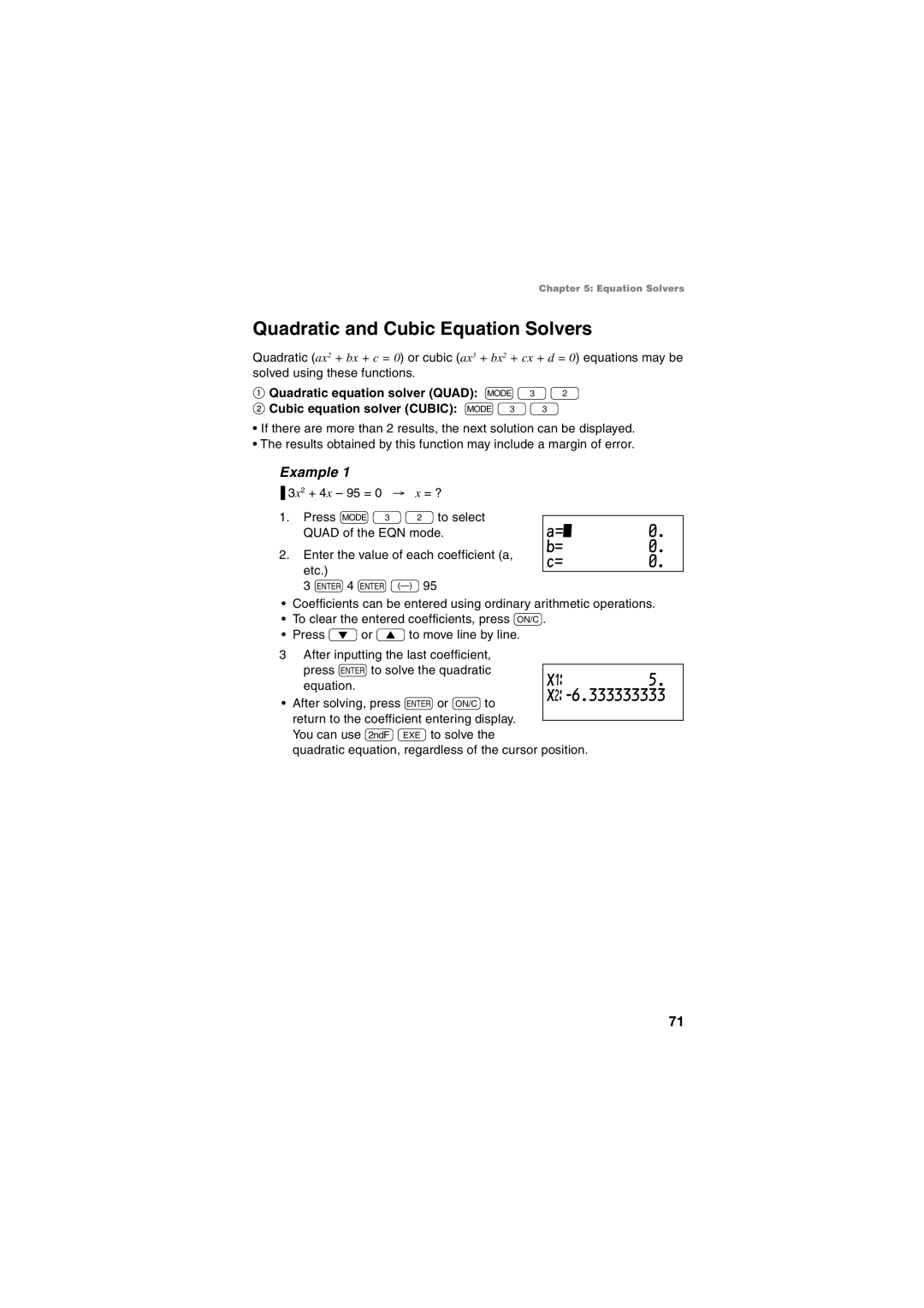 Sharp EL-5230, EL-5250 operation manual Quadratic and Cubic Equation Solvers, X¤-6.333333333, Example 
