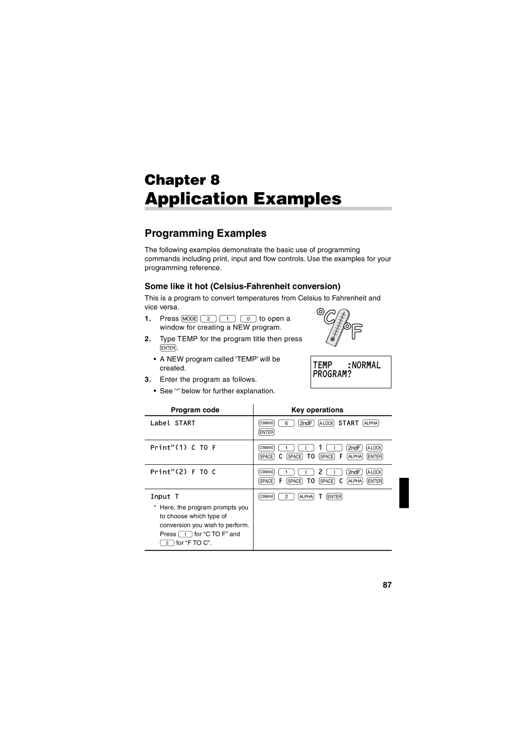Sharp EL-5230, EL-5250 Application Examples, Programming Examples, Some like it hot Celsius-Fahrenheit conversion, Chapter 