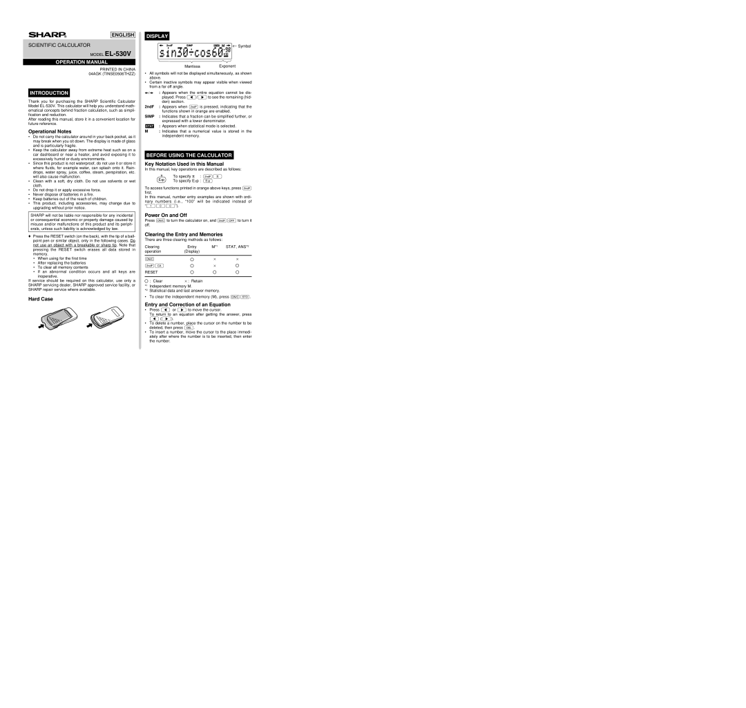 Sharp EL-530V operation manual Introduction, Display, Before Using the Calculator 