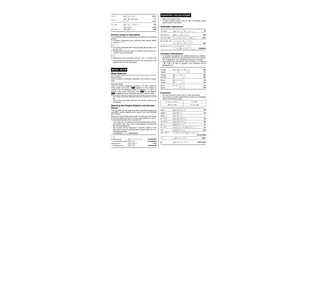 Sharp EL-530V operation manual Initial Setup, Scientific Calculations 