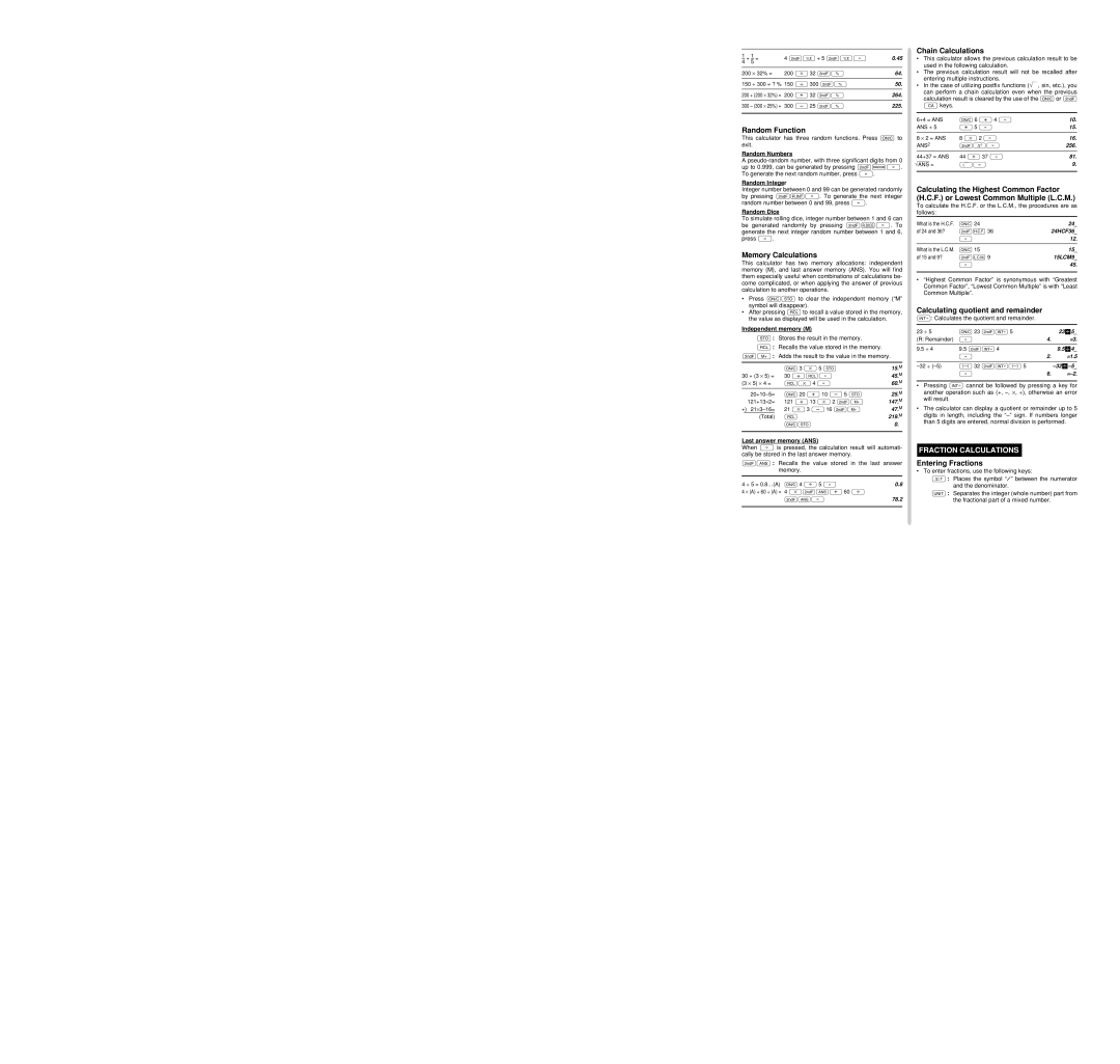 Sharp EL-530V operation manual Fraction Calculations 