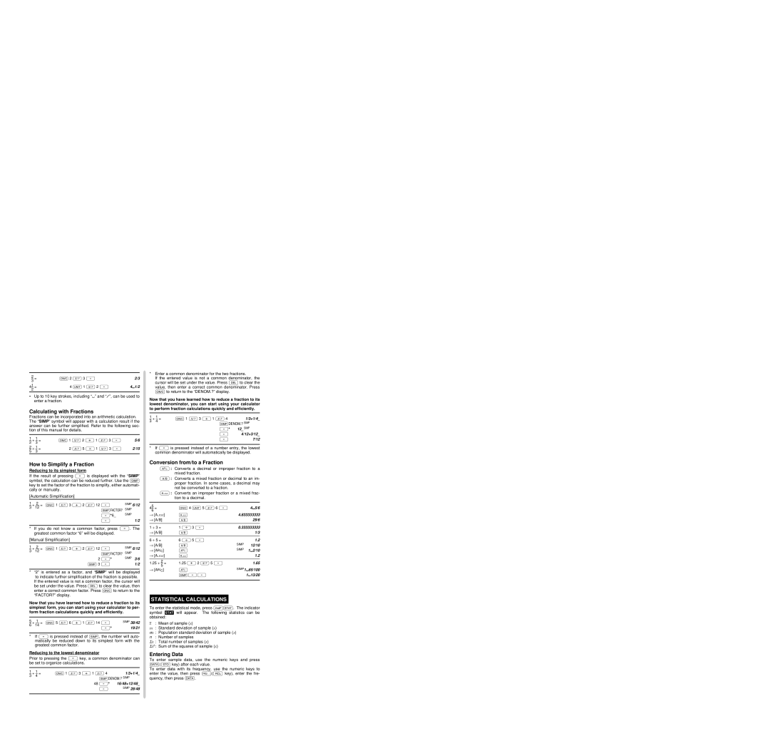 Sharp EL-530V Calculating with Fractions, How to Simplify a Fraction, Conversion from/to a Fraction, Entering Data 