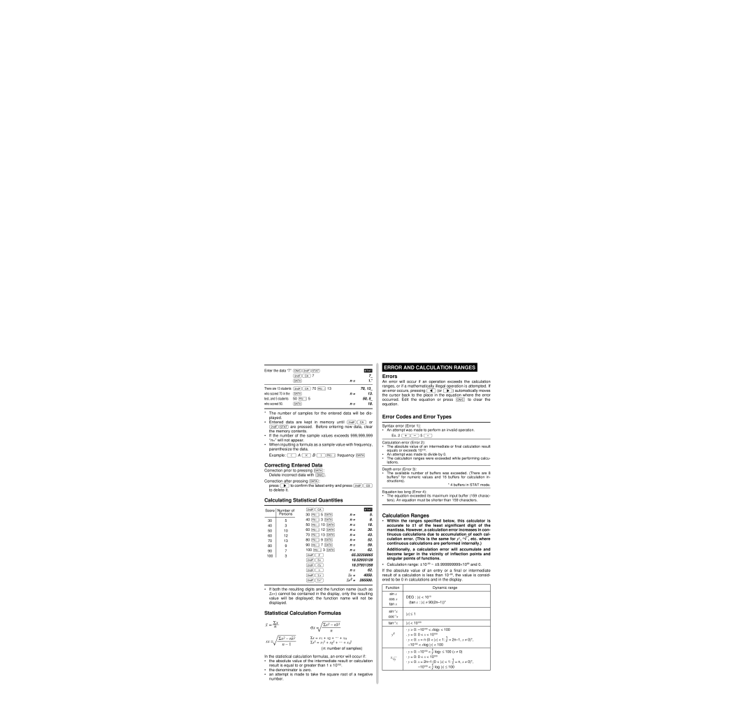 Sharp EL-530V operation manual Error and Calculation Ranges 