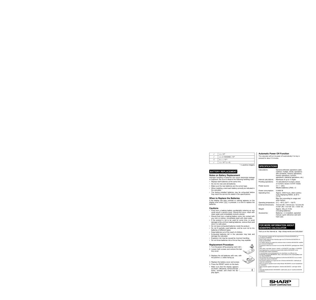 Sharp EL-530V operation manual Battery Replacement, Specifications, For More Information about Scientific Calculator 