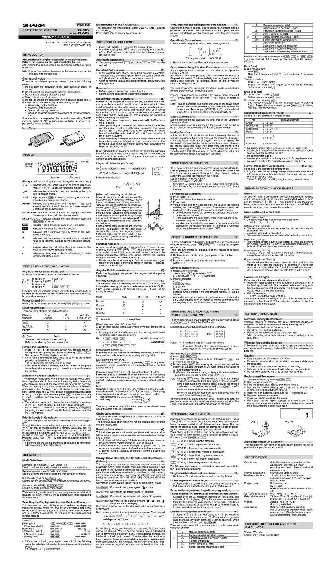 Sharp EL-506V, EL-546V specifications English, Operation Manual 