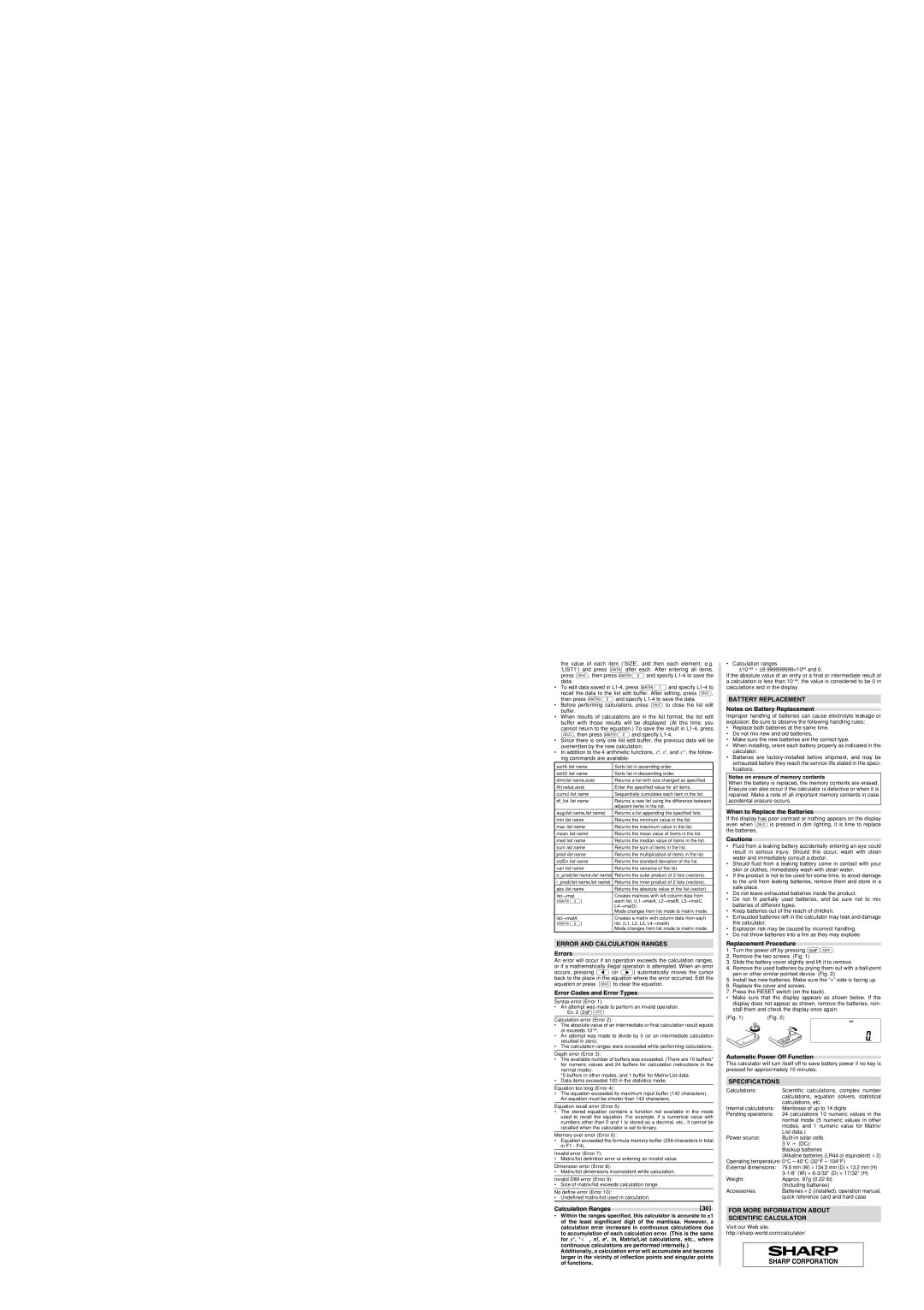 Sharp EL-546W, EL-506W manual Error and Calculation Ranges, Battery Replacement, Specifications 