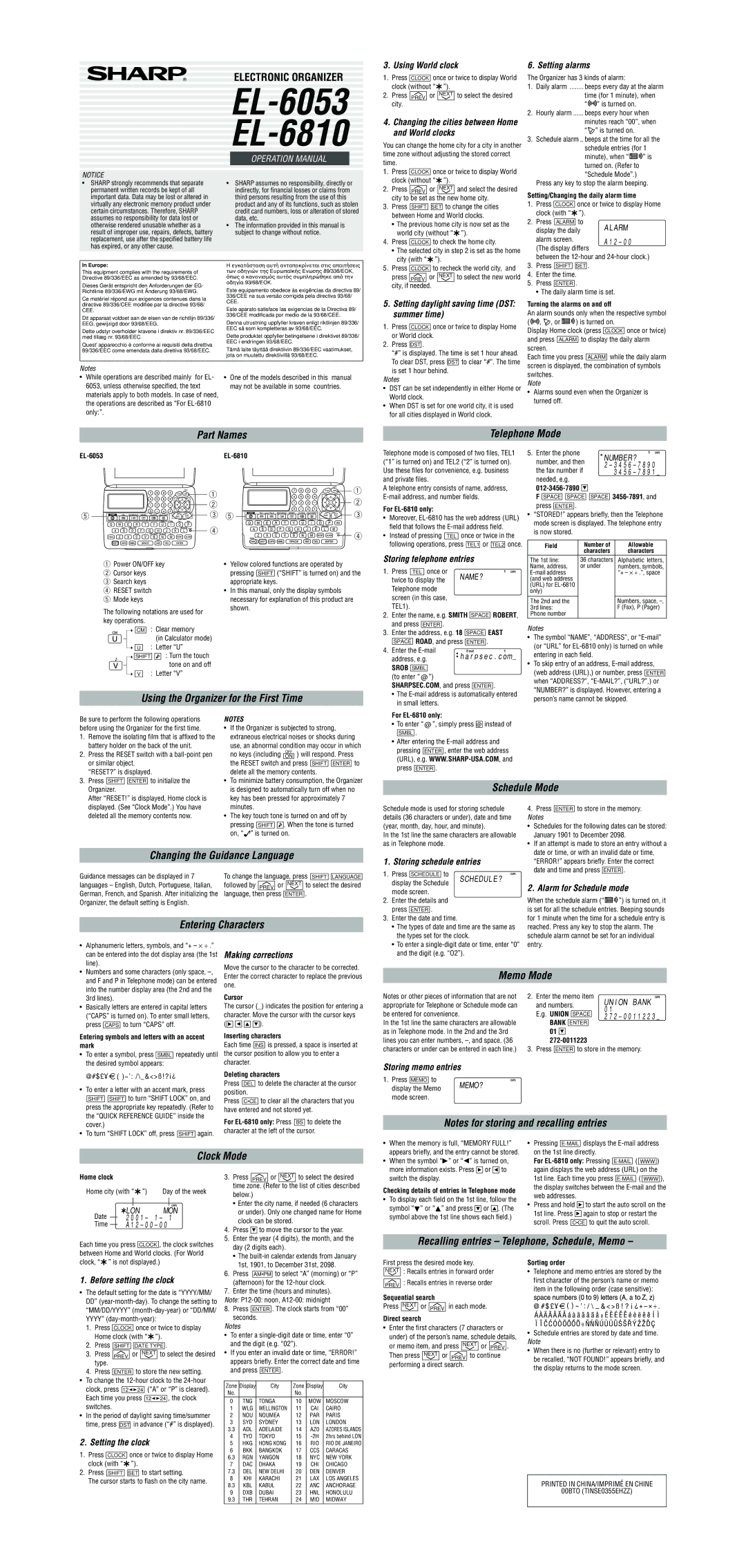 Sharp EL-6810 operation manual Telephone Mode, Part Names, Changing the Guidance Language, Entering Characters, Memo Mode 