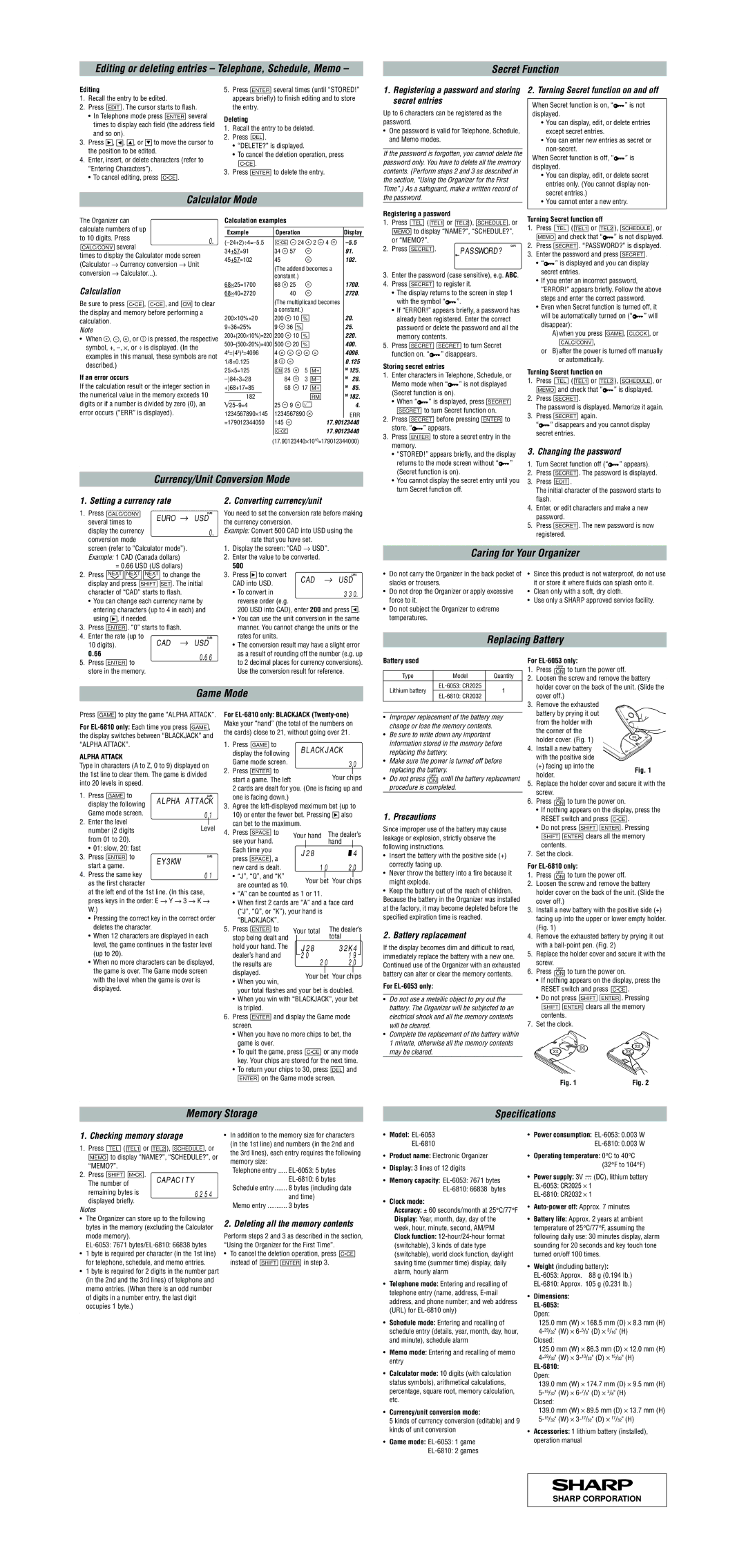 Sharp EL-6053 Calculator Mode, Currency/Unit Conversion Mode, Caring for Your Organizer, Replacing Battery, Game Mode 