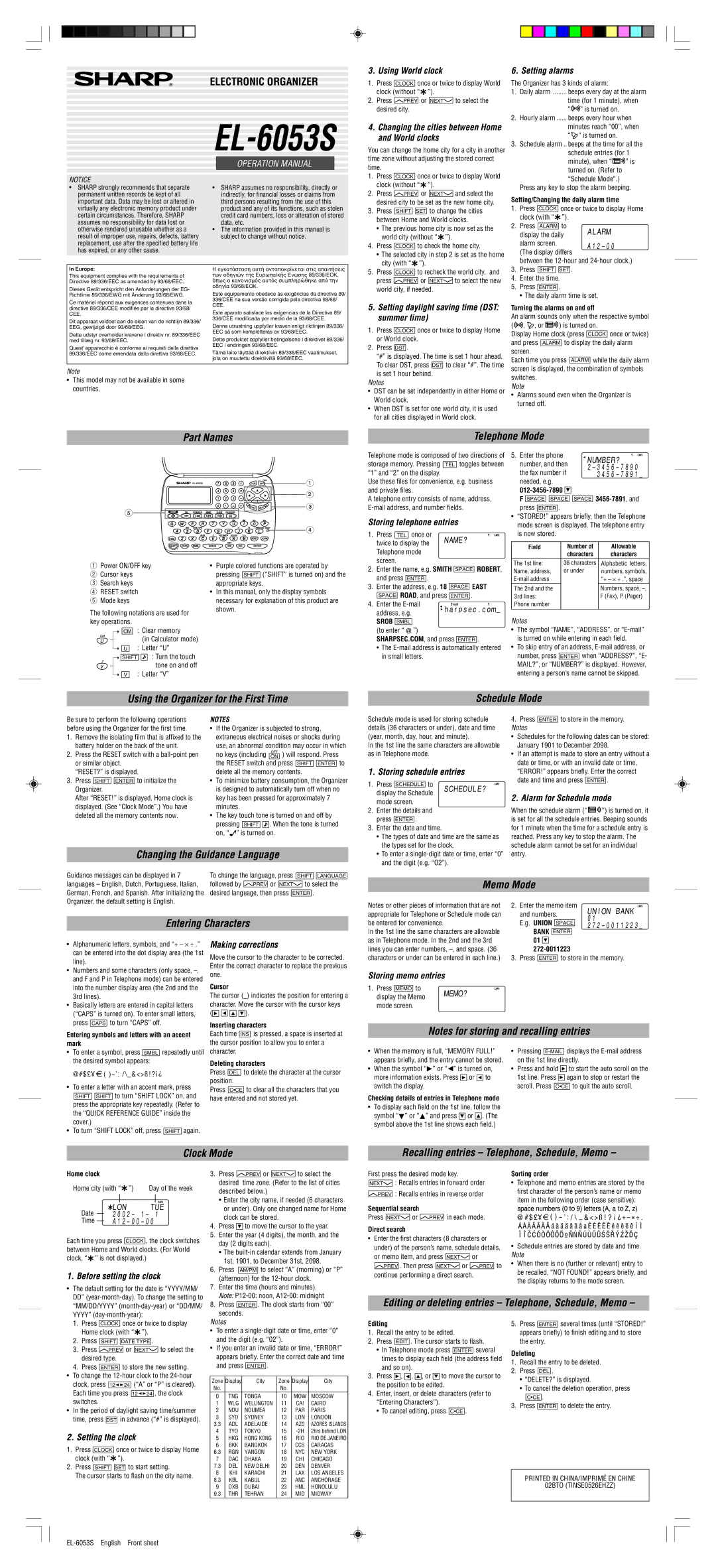 Sharp EL-6053S operation manual Telephone Mode, Part Names, Using the Organizer for the First Time Schedule Mode 