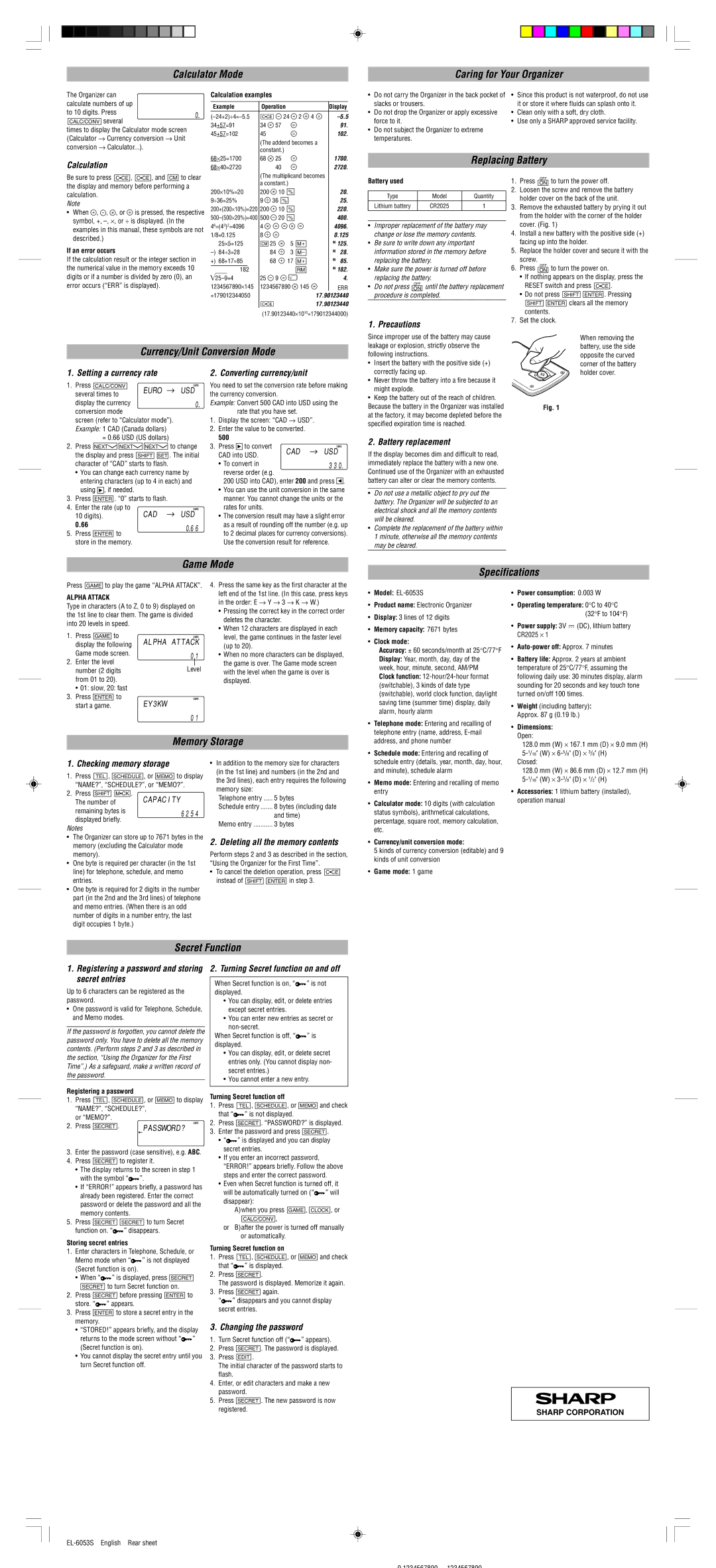 Sharp EL-6053S Calculator Mode Caring for Your Organizer, Replacing Battery, Currency/Unit Conversion Mode, Memory Storage 