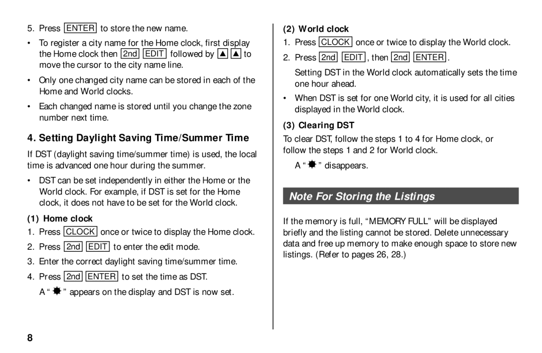 Sharp El-6850, El-6890S, El- 6890 Setting Daylight Saving Time/Summer Time, Home clock, Clearing DST, Disappears 