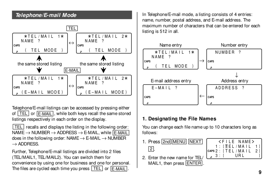 Sharp El- 6890, El-6890S, El-6850 Telephone/E-mail Mode, Designating the File Names, Mail address entry Address entry 