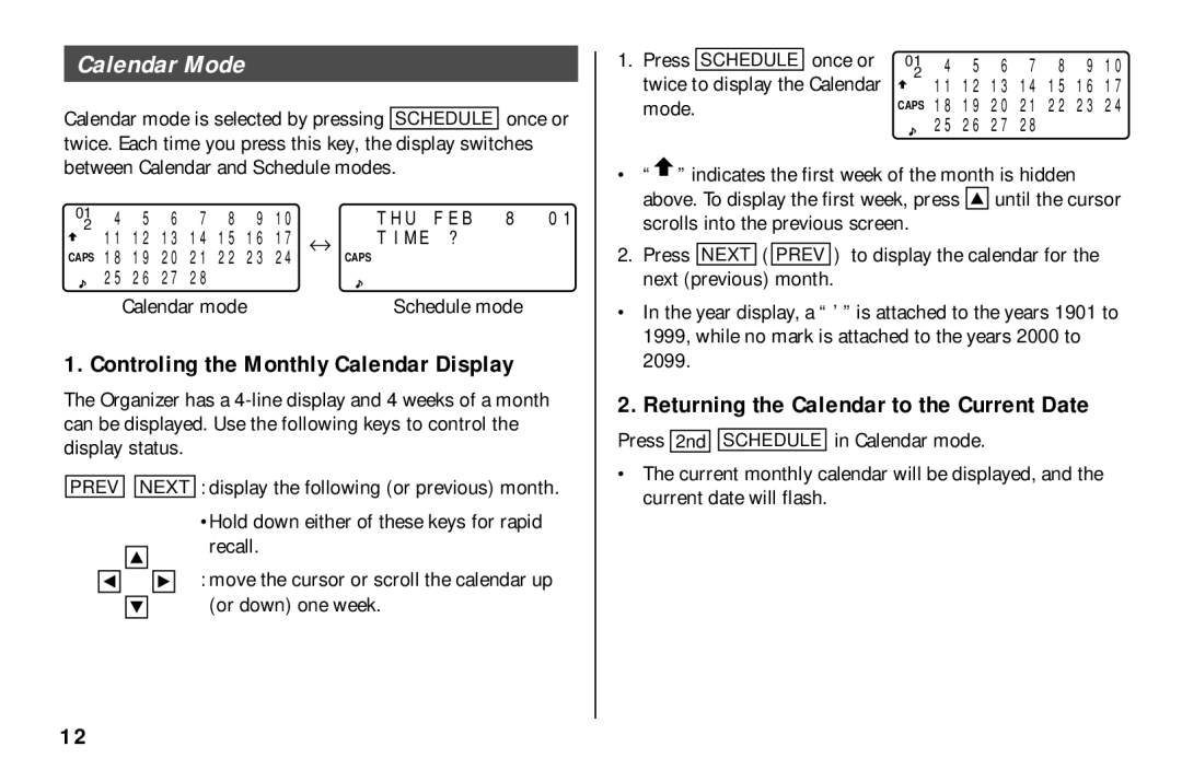 Sharp El- 6890, El-6850 Calendar Mode, Controling the Monthly Calendar Display, Returning the Calendar to the Current Date 