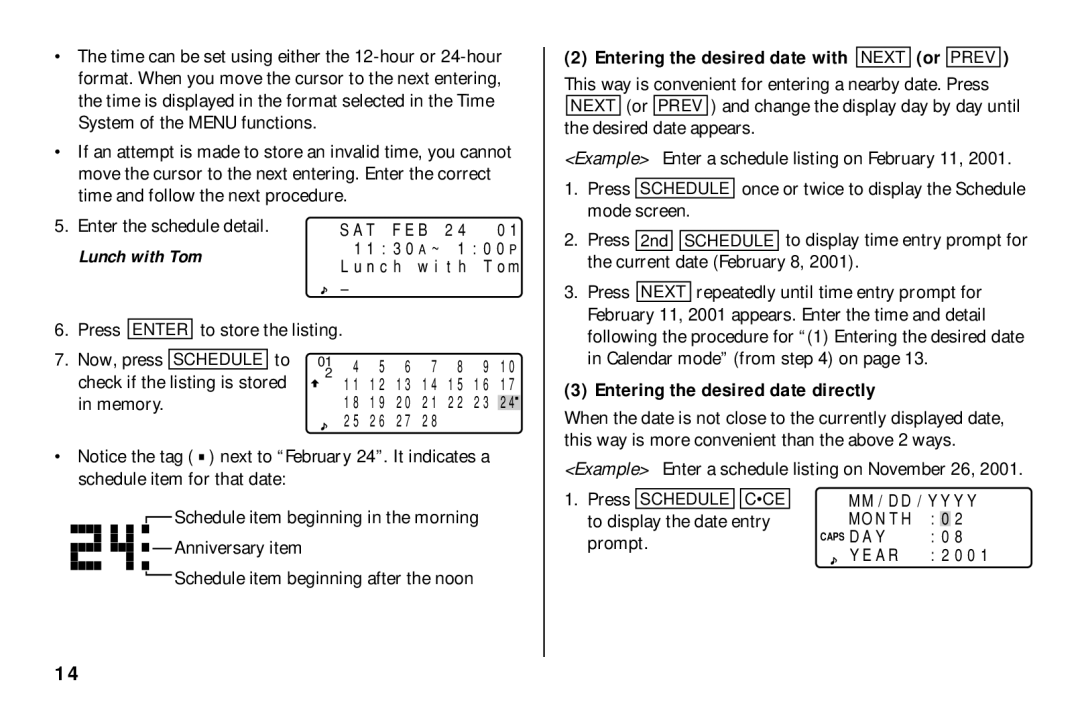 Sharp El-6850 Entering the desired date with Next or Prev, Entering the desired date directly, Enter the schedule detail 