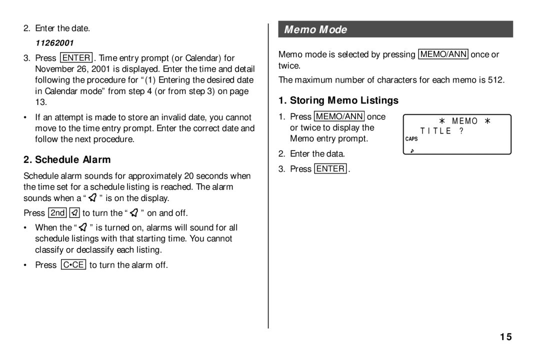 Sharp El- 6890, El-6890S, El-6850 operation manual Memo Mode, Schedule Alarm, Storing Memo Listings, 11262001 