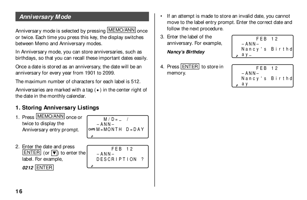 Sharp El-6890S, El-6850 Anniversary Mode, Storing Anniversary Listings, Nancy’s Birthday, Press Enter to store in memory 