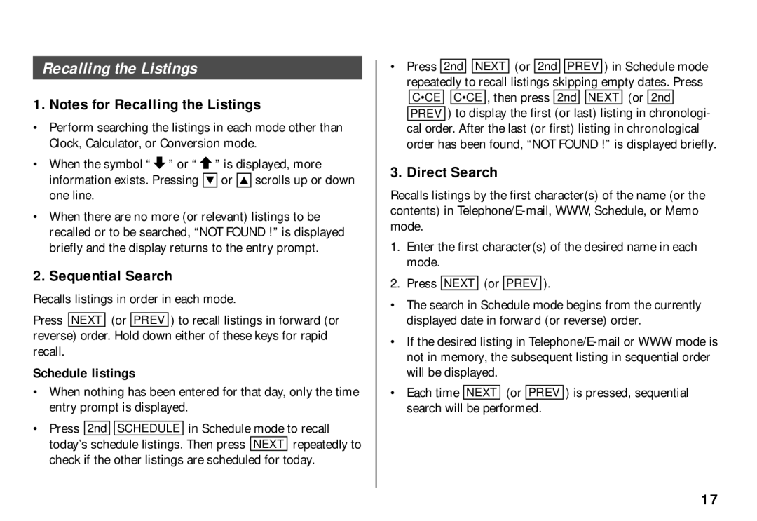 Sharp El-6850, El-6890S, El- 6890 Recalling the Listings, Sequential Search, Direct Search, Schedule listings 