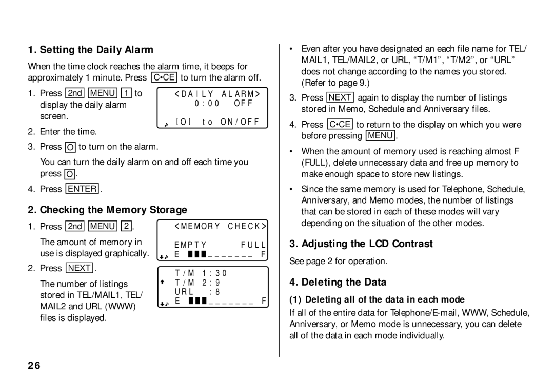 Sharp El-6850 Setting the Daily Alarm, Checking the Memory Storage, Adjusting the LCD Contrast, Deleting the Data 