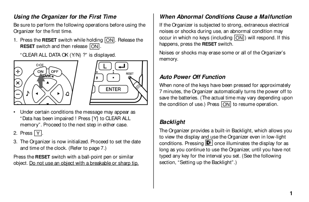 Sharp El-6890S, El-6850, El- 6890 operation manual Using the Organizer for the First Time, Press Y 