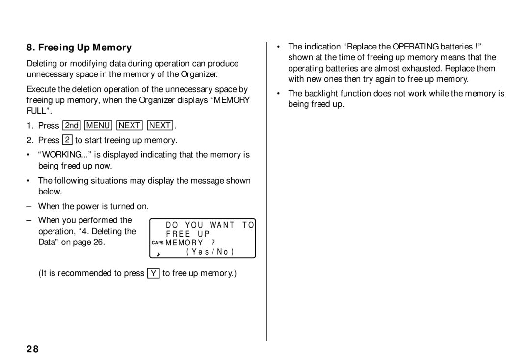 Sharp El-6890S, El-6850, El- 6890 Freeing Up Memory, When you performed, Operation, 4. Deleting, Data on, To free up memory 