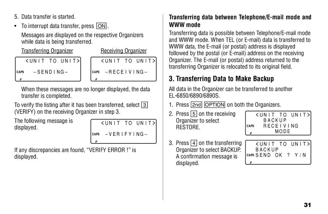 Sharp El-6890S, El-6850, El- 6890 operation manual Transferring Data to Make Backup 