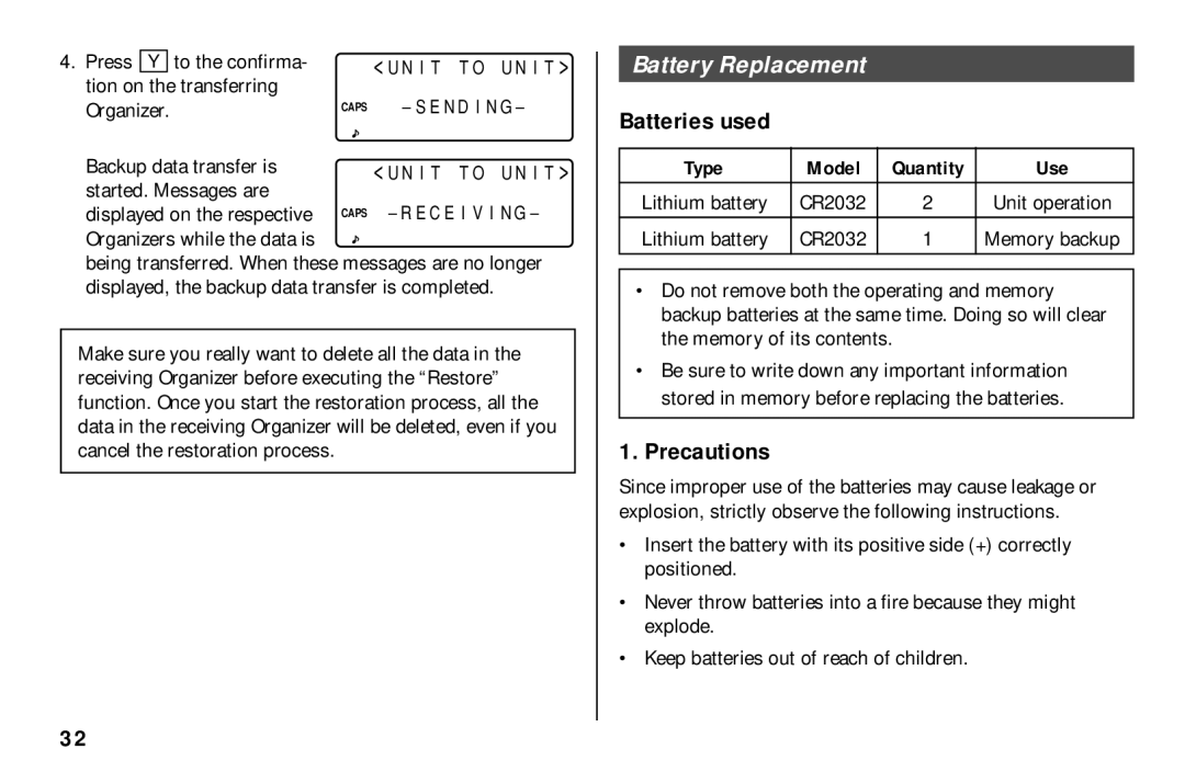 Sharp El-6850, El-6890S, El- 6890 operation manual Battery Replacement, Batteries used, Precautions 