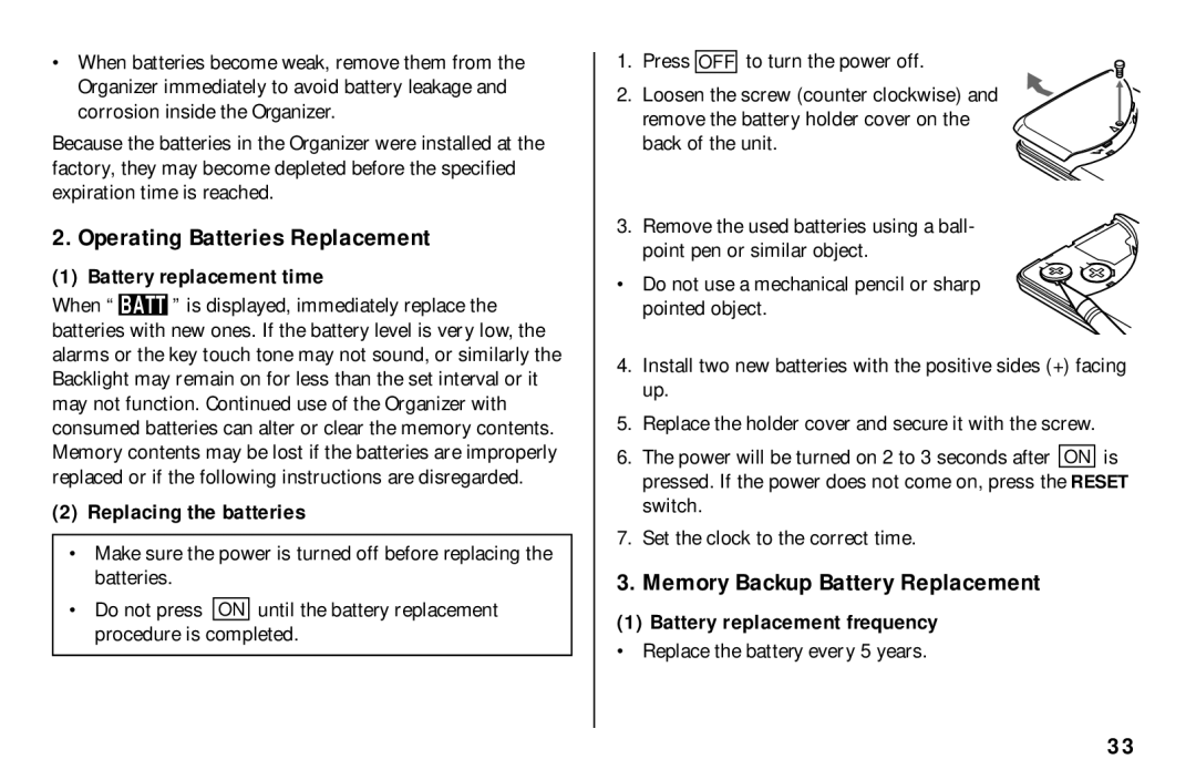 Sharp El- 6890, El-6890S Operating Batteries Replacement, Memory Backup Battery Replacement, Battery replacement time 