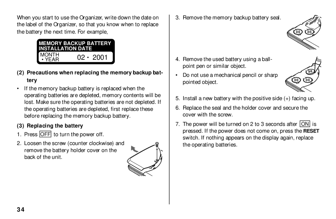 Sharp El-6890S, El-6850, El- 6890 Precautions when replacing the memory backup bat- tery, Replacing the battery 