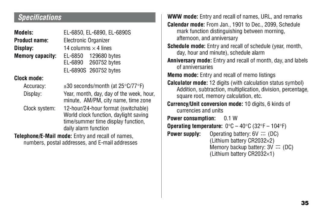 Sharp El-6850, El-6890S, El- 6890 operation manual Specifications 