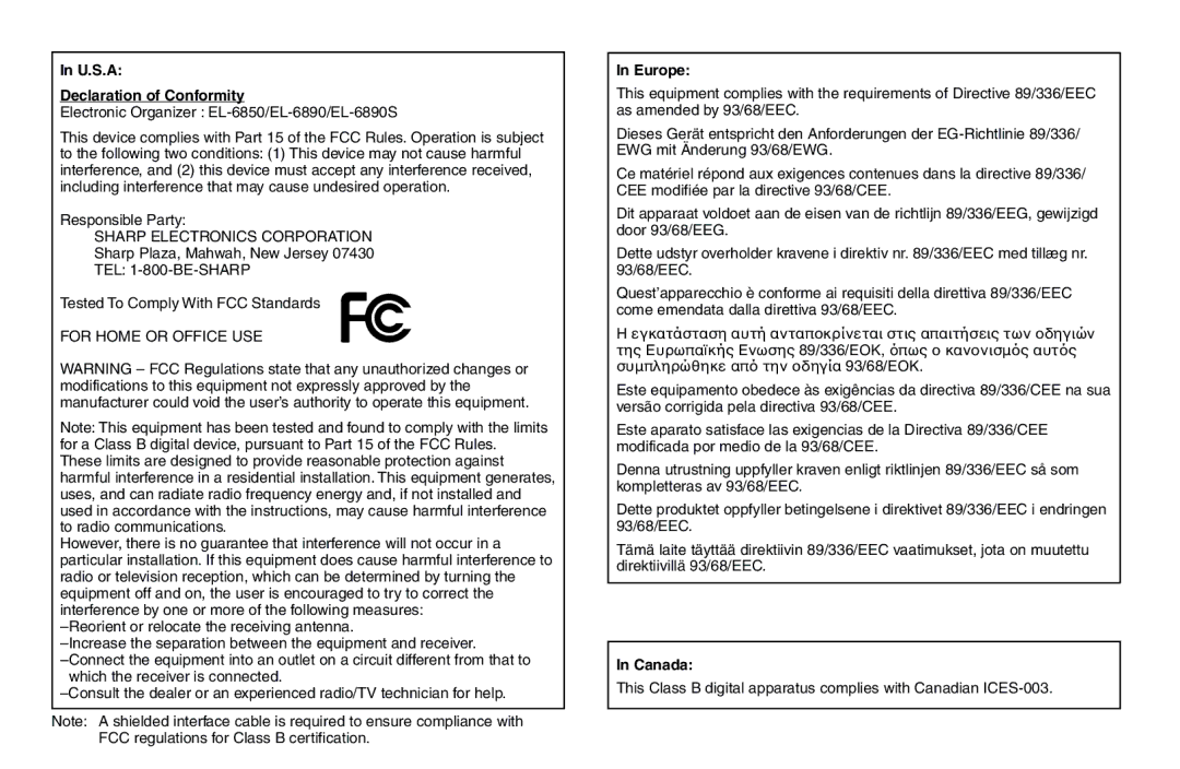 Sharp El-6890S, El-6850, El- 6890 operation manual Canada 