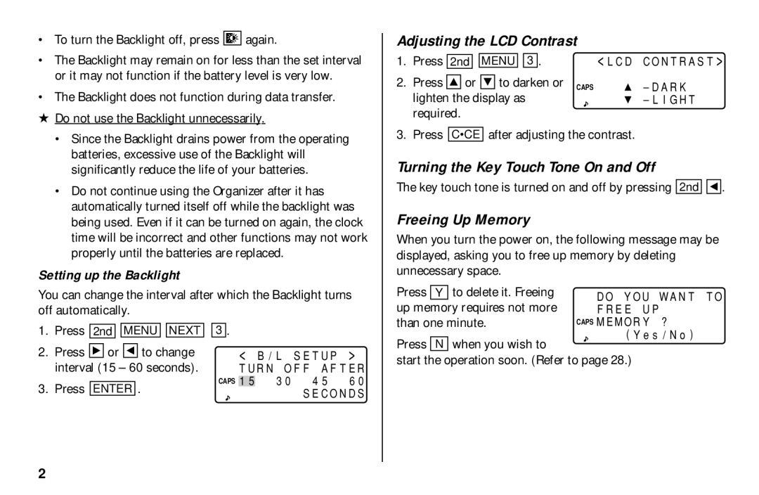 Sharp El-6850 To turn the Backlight off, press again, To darken or Caps, Lighten the display as, Required, Press Enter 