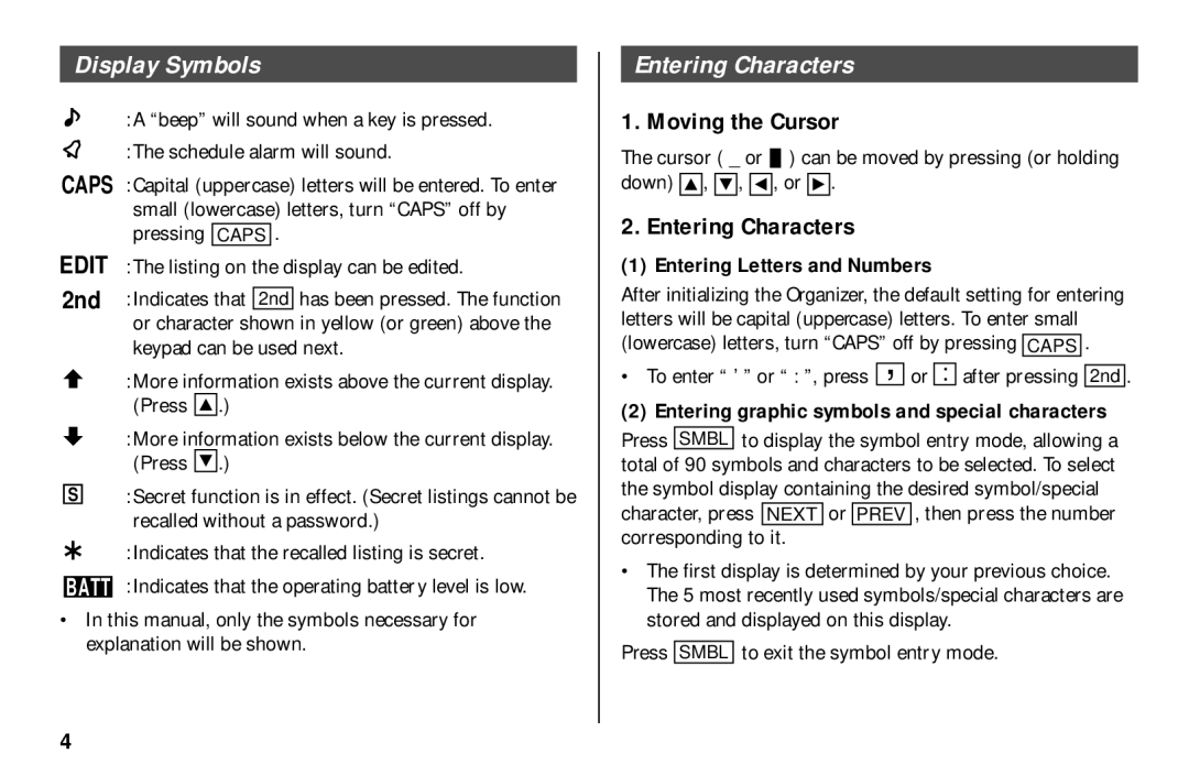 Sharp El-6890S, El-6850, El- 6890 Display Symbols, Entering Characters, Moving the Cursor, Entering Letters and Numbers 