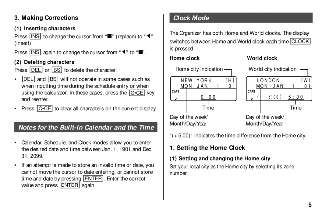 Sharp El-6850, El-6890S, El- 6890 operation manual Clock Mode, Making Corrections, Setting the Home Clock 