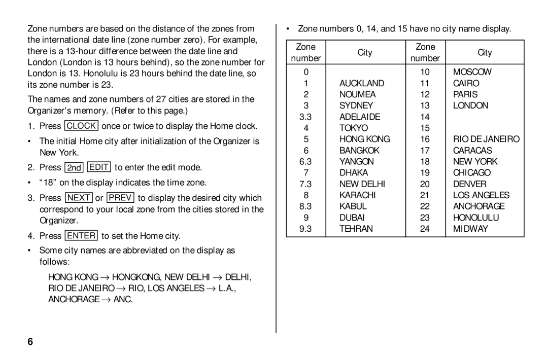 Sharp El- 6890, El-6890S, El-6850 operation manual Zone numbers 0, 14, and 15 have no city name display City 