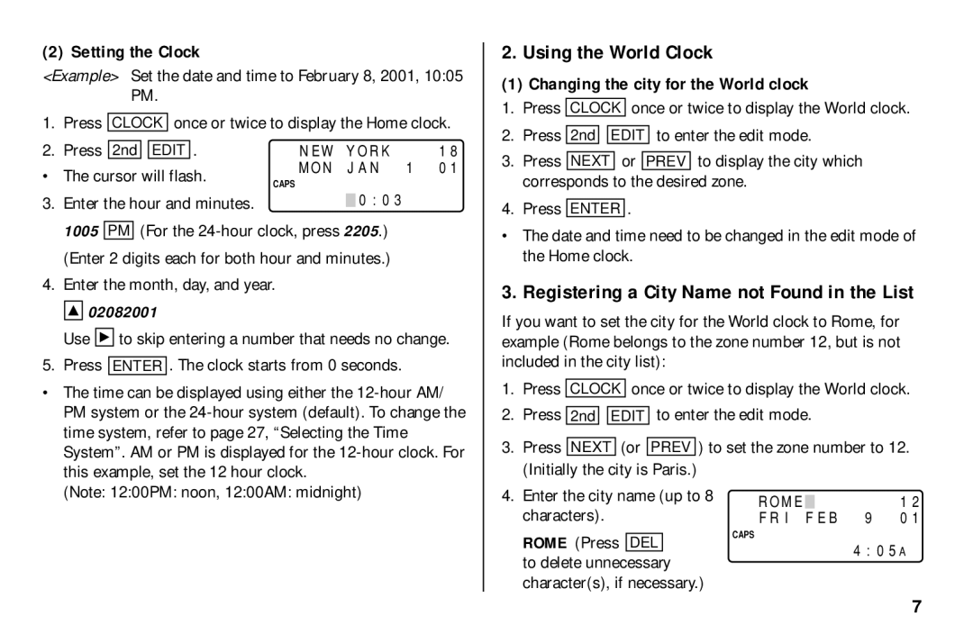 Sharp El-6890S, El-6850, El- 6890 Using the World Clock, Setting the Clock, Changing the city for the World clock, 02082001 