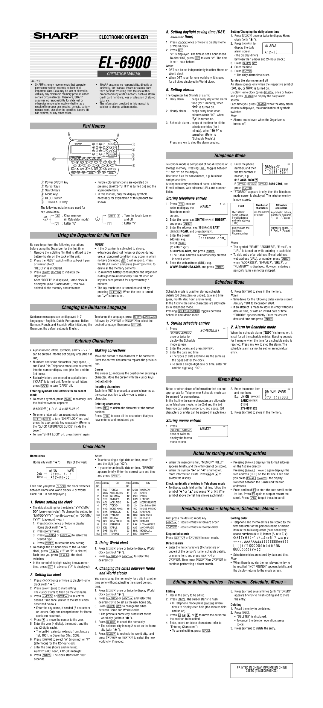 Sharp EL-6900 operation manual Setting daylight saving time DST summer time, Setting alarms, Storing telephone entries 