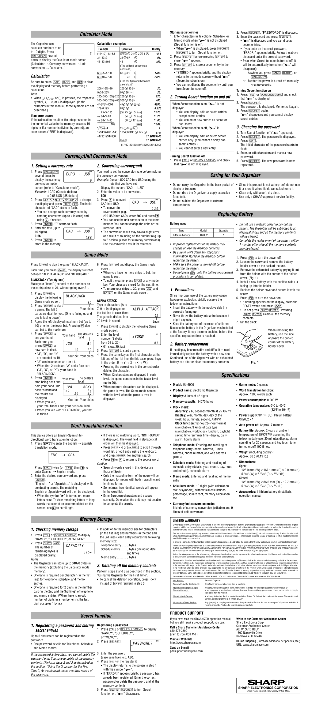 Sharp EL-6900 Calculation, Currency/Unit Conversion Mode, Setting a currency rate, Changing the password, Precautions 