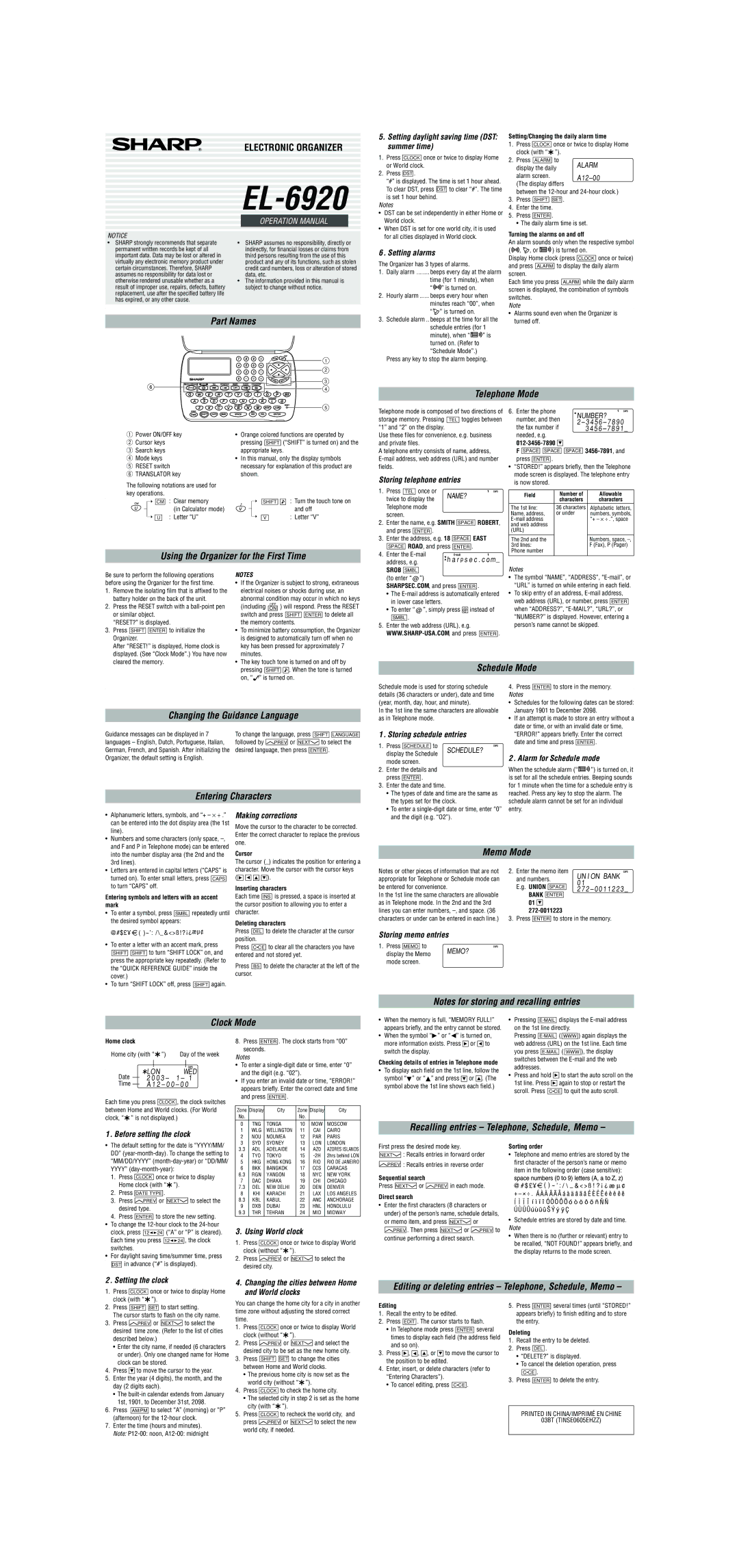 Sharp EL-6920 operation manual Part Names, Telephone Mode, Using the Organizer for the First Time, Entering Characters 