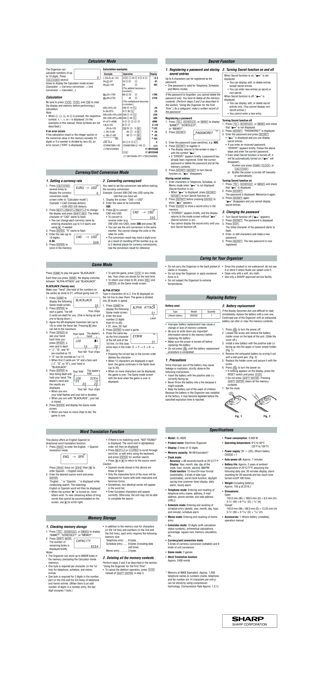 Sharp EL-6920 Calculator Mode Secret Function, Game Mode Caring for Your Organizer, Replacing Battery, Memory Storage 