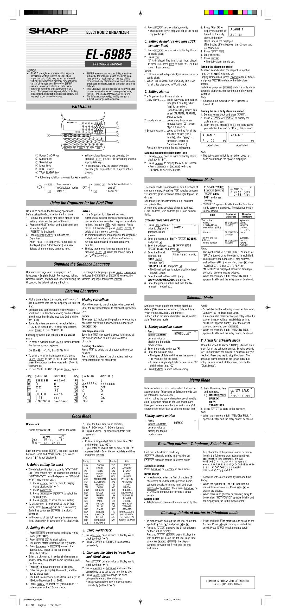 Sharp EL-6985 operation manual Part Names, Telephone Mode, Using the Organizer for the First Time, Entering Characters 