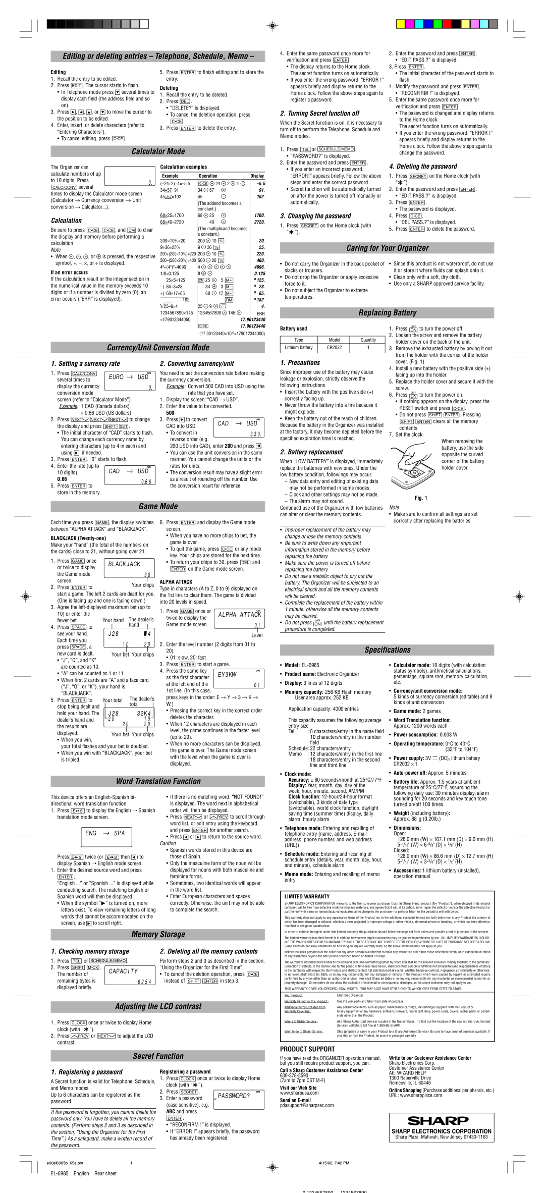 Sharp EL-6985 Editing or deleting entries Telephone, Schedule, Memo, Calculator Mode, Caring for Your Organizer, Game Mode 