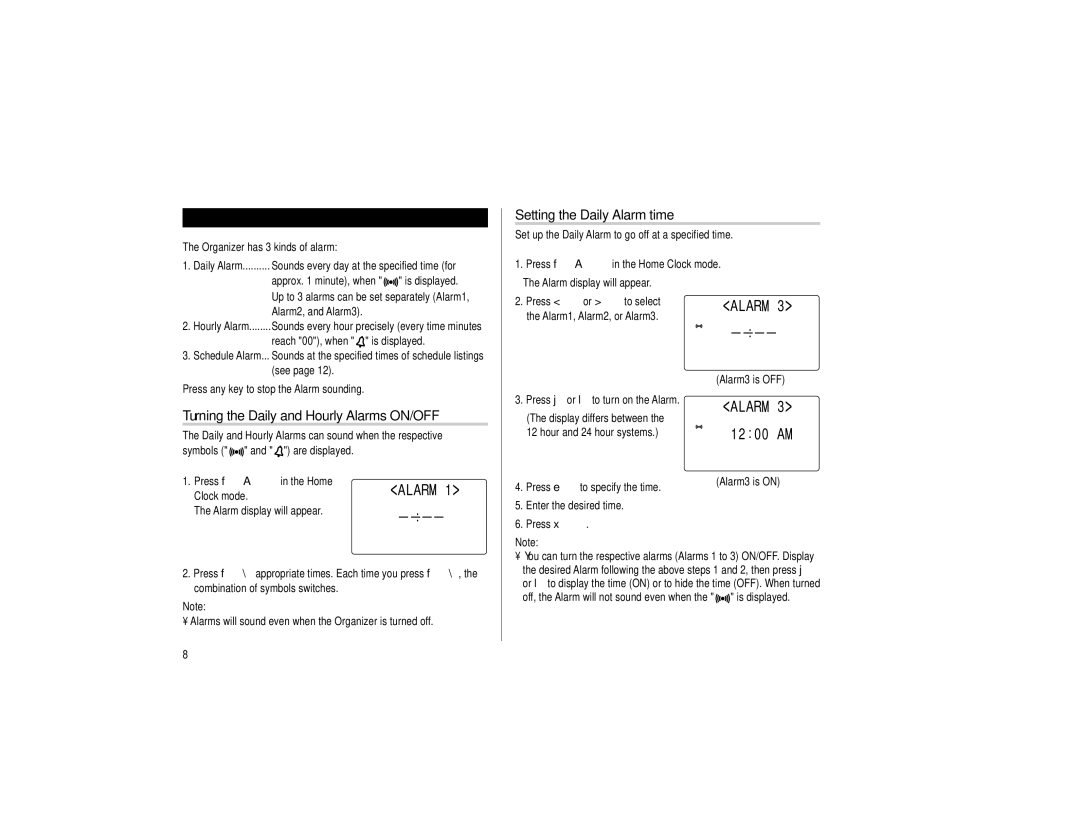 Sharp EL-6990 operation manual Turning the Daily and Hourly Alarms ON/OFF, Setting the Daily Alarm time 