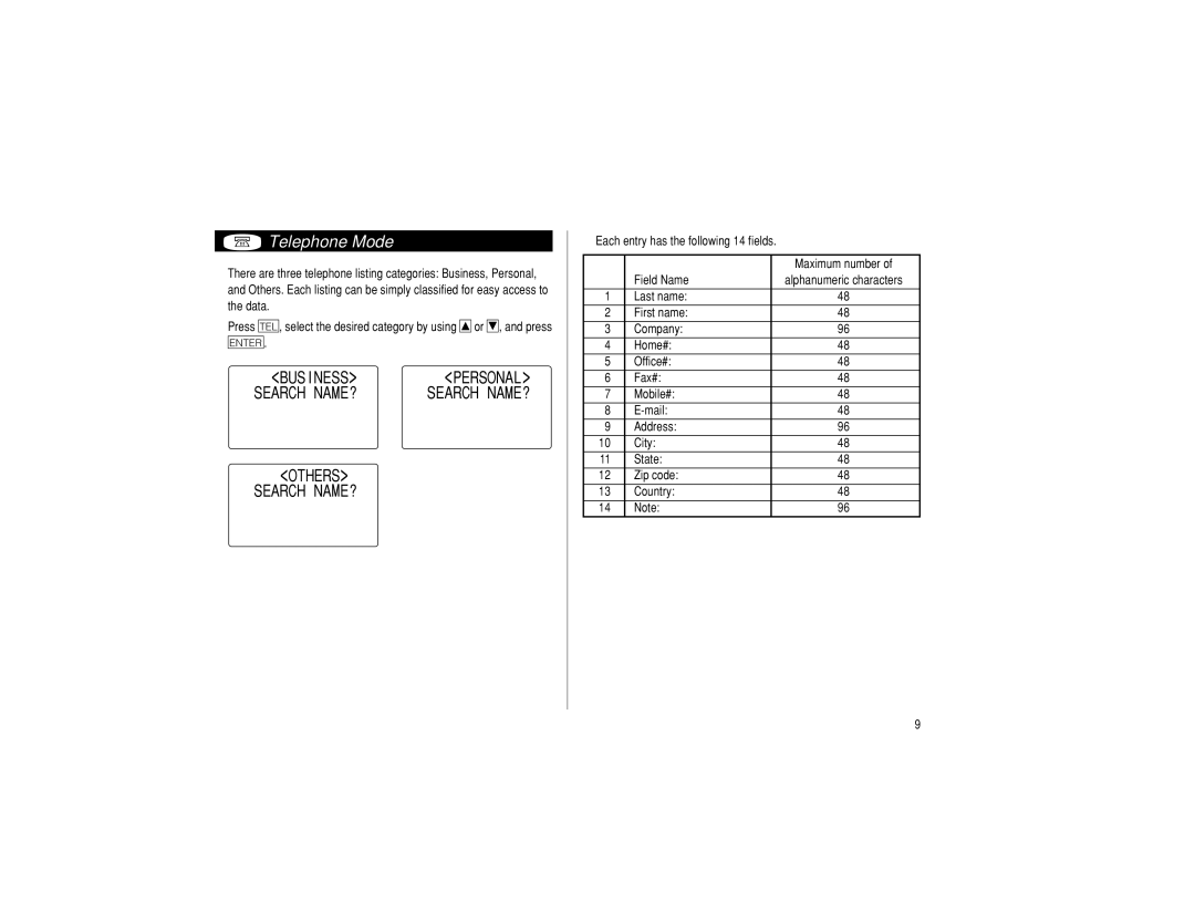 Sharp EL-6990 operation manual Telephone Mode, BUS I Ness Pers Onal Sear CH NA ME? Others Search NAME? 