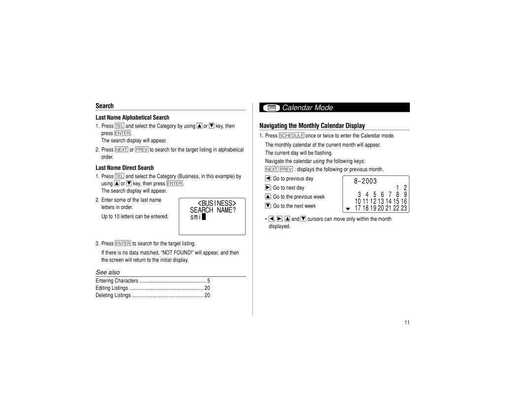 Sharp EL-6990 operation manual Calendar Mode, Navigating the Monthly Calendar Display, Last Name Alphabetical Search 