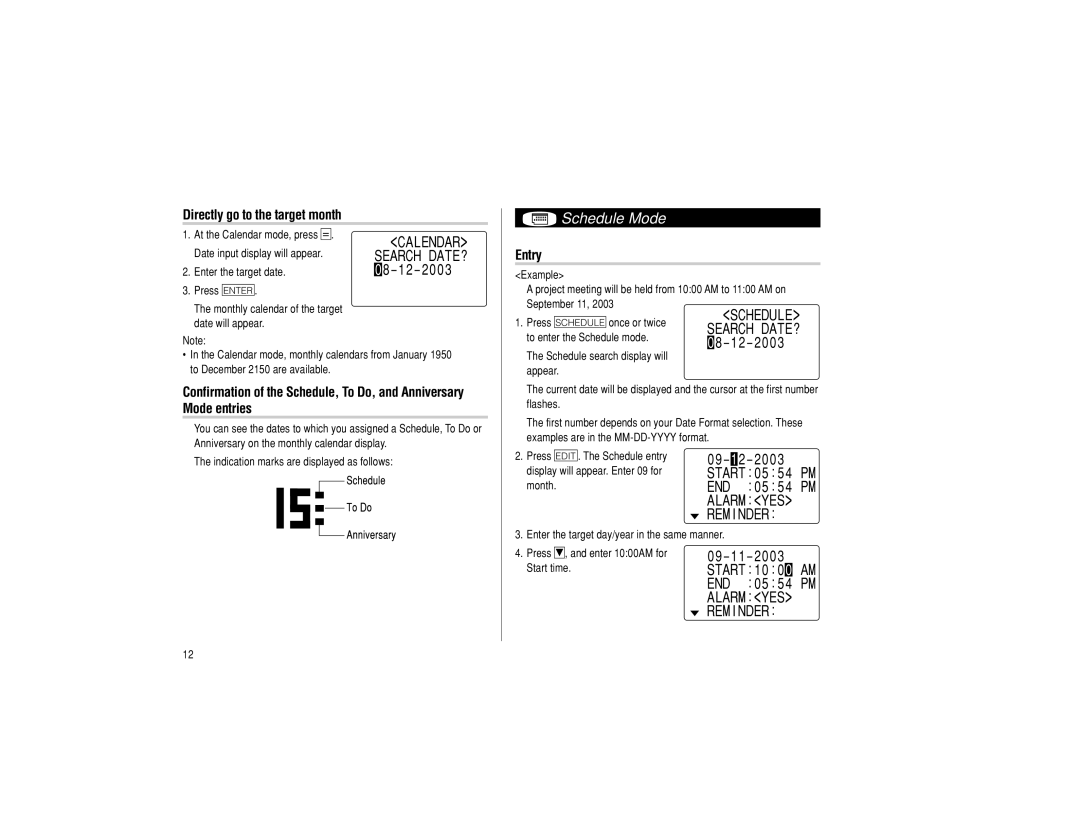 Sharp EL-6990 operation manual Schedule Mode, Directly go to the target month 