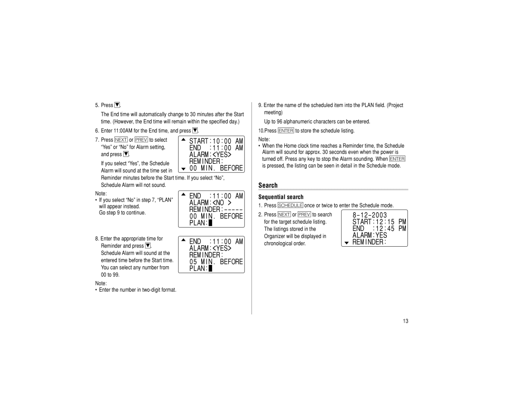 Sharp EL-6990 operation manual Alarm YES, Alarm no, Sequential search 