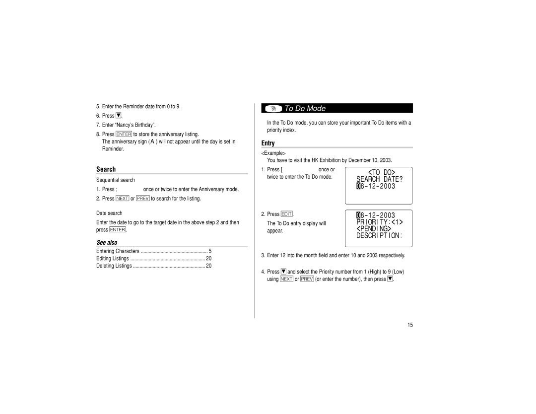 Sharp EL-6990 operation manual To Do Mode, To do, Descr I PT I on, Sequential search, Date search 