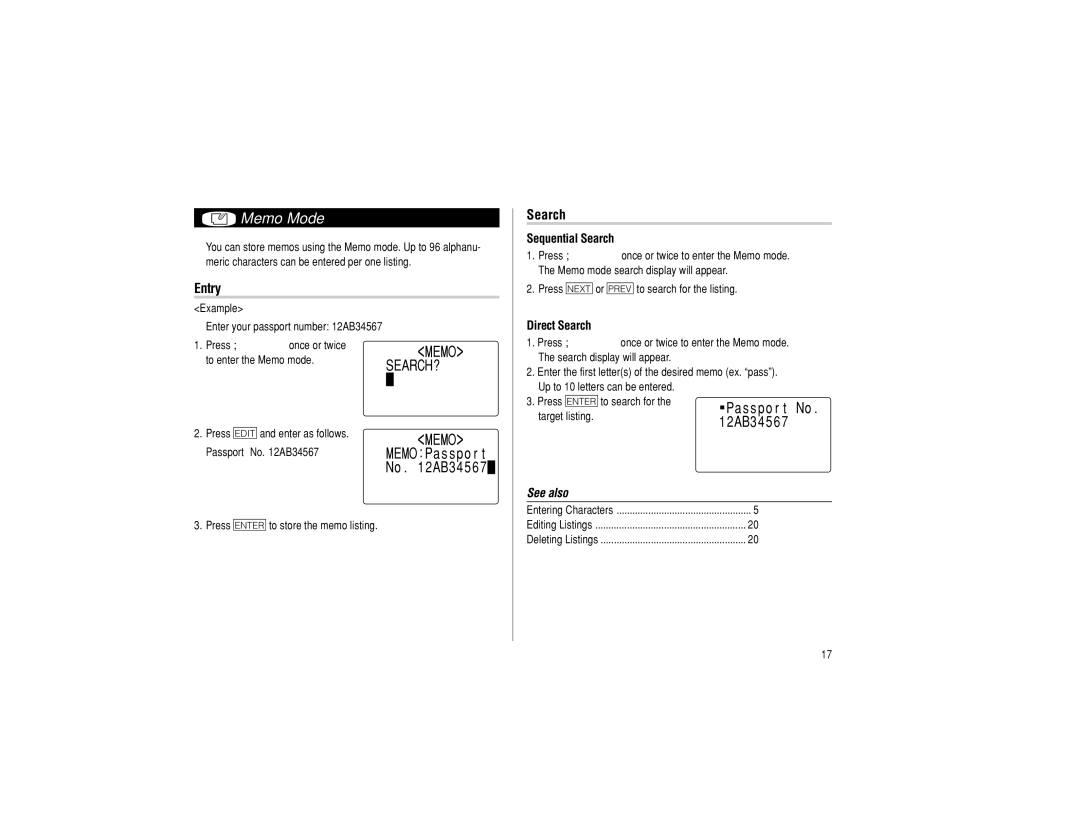 Sharp EL-6990 operation manual Memo Mode, Memo SEARCH?, Direct Search, 2AB3 4 5 6, Passport No AB34567 