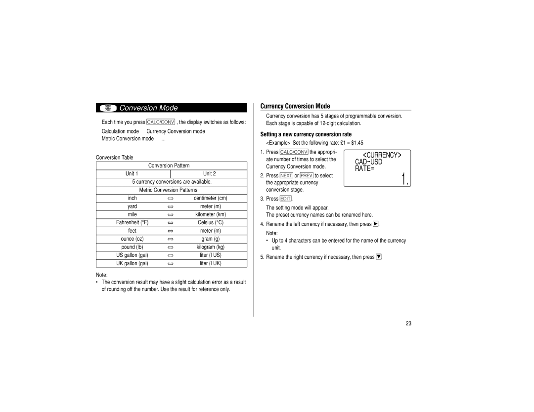 Sharp EL-6990 operation manual Currency Conversion Mode, Setting a new currency conversion rate, Currency CAD USD RATE= 